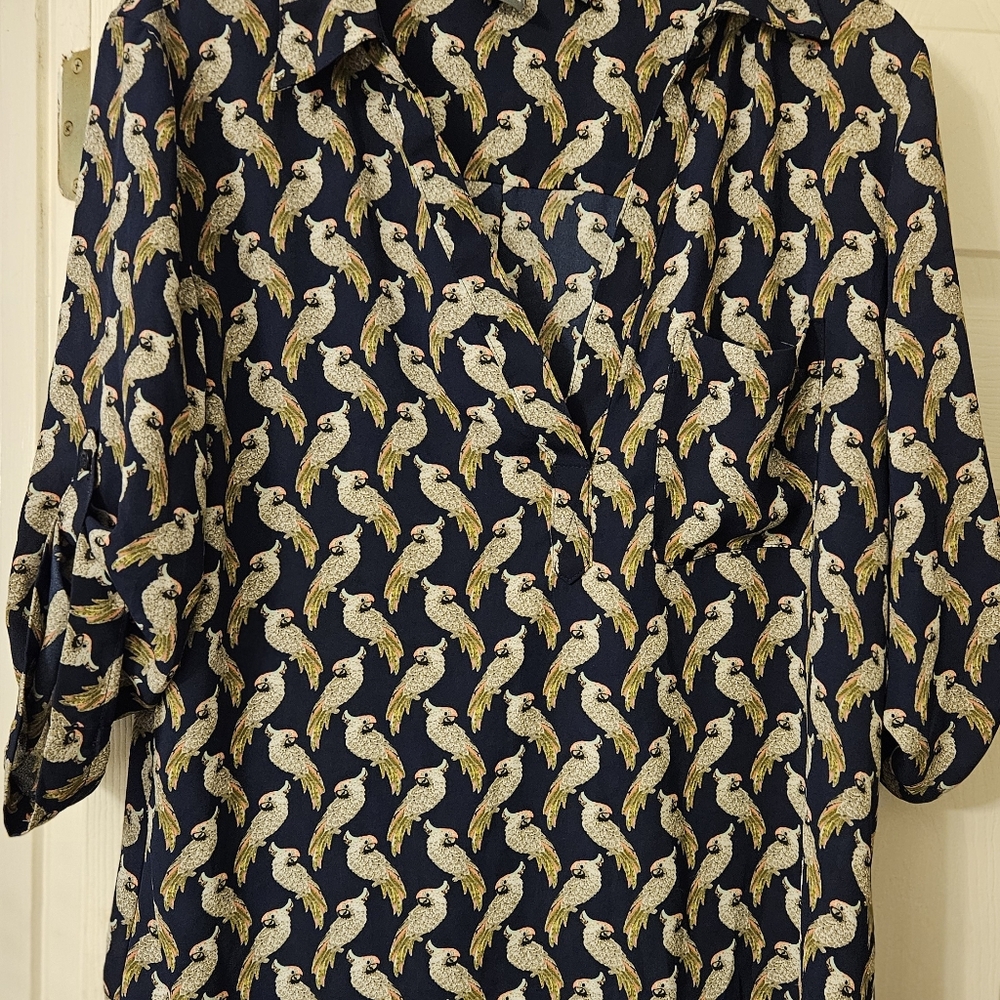 SOHO NY&Co blouse top parrot bird print 3/4 sleeve women’s Large navy